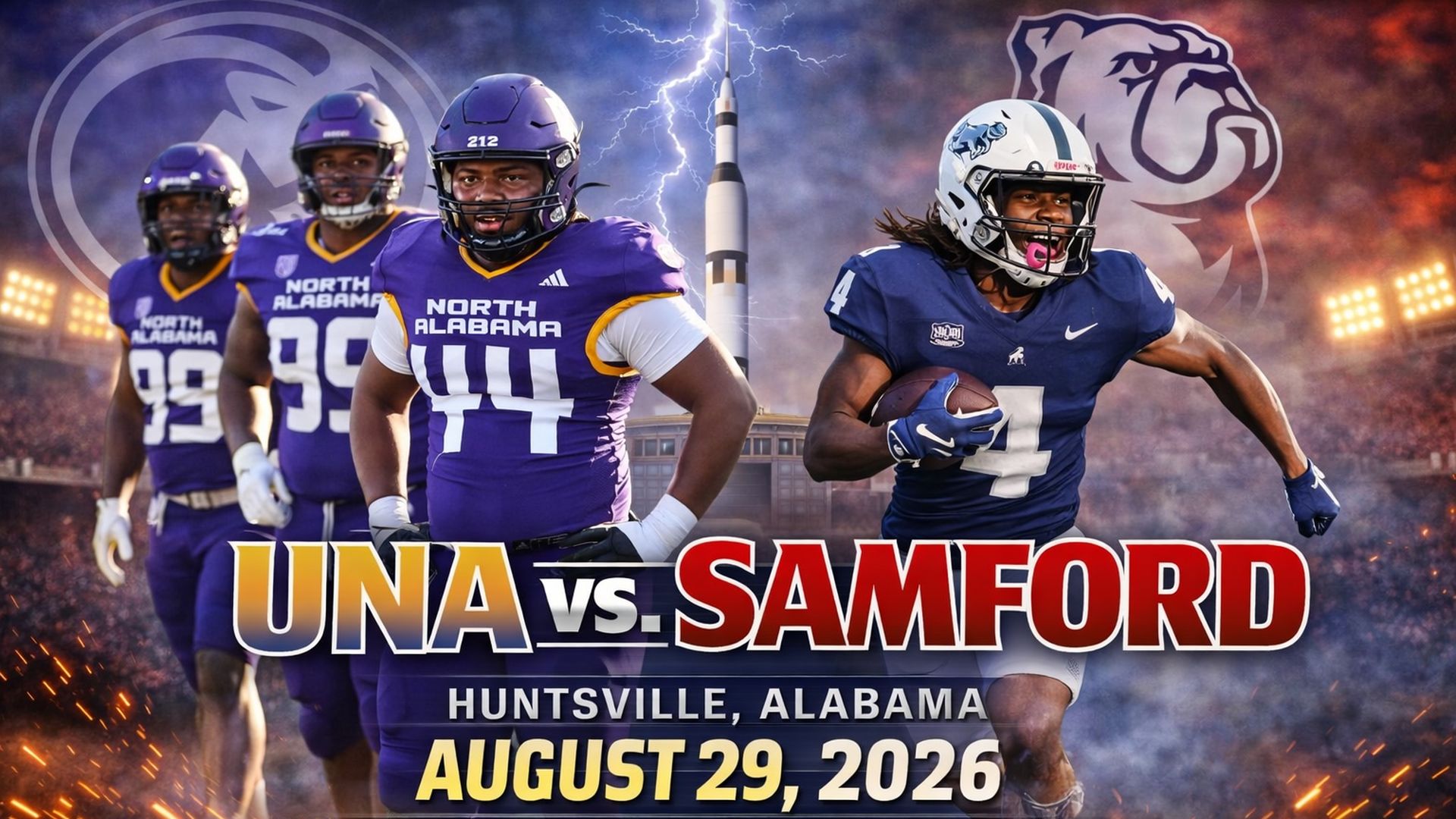 Football players from North Alabama in purple and Samford in blue gear face off under a stormy sky with lightning. Text shows game info: UNA vs. Samford, August 29, 2026, Huntsville, AL.
