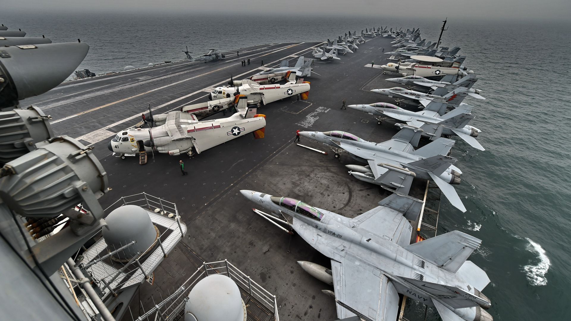 A general view shows the flight deck on board the aircraft carrier USS Theodore Roosevelt (CVN 71)
