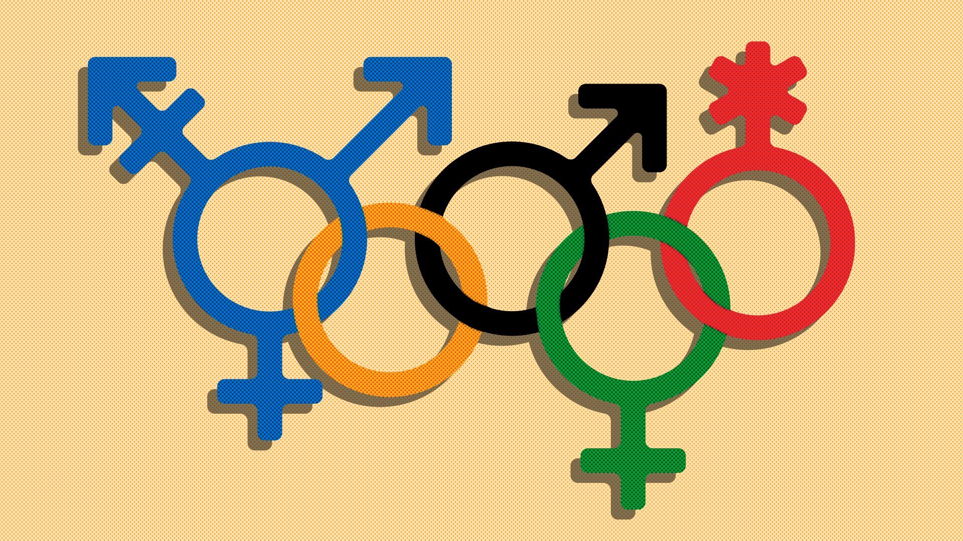 Illustration of the Olympic rings stylized as various gender identity icons.