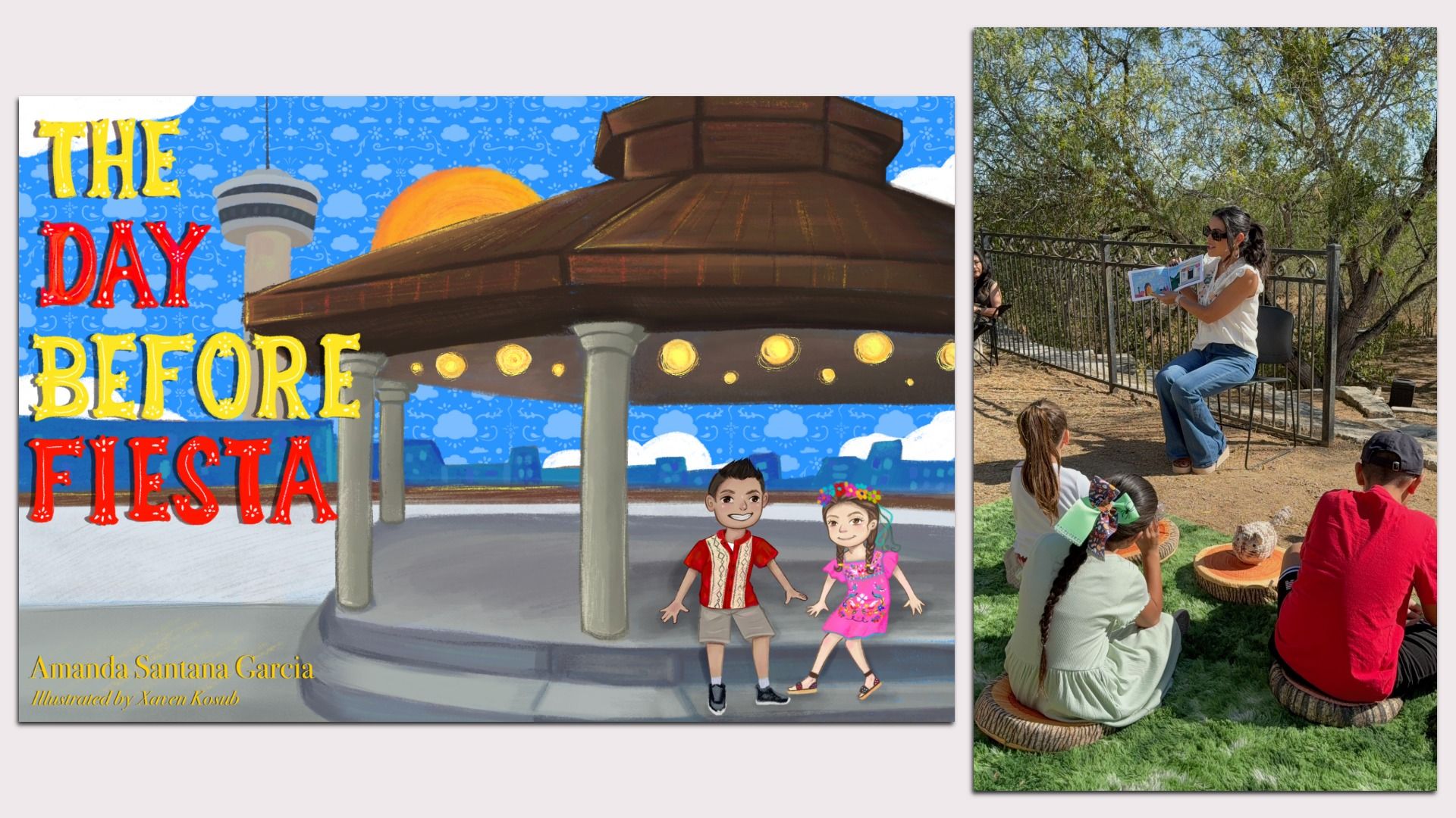 Left: a bright children’s book cover titled "The Day Before Fiesta" with two cartoon kids near a gazebo; right: a woman reads to children outdoors on a sunny, grassy area.