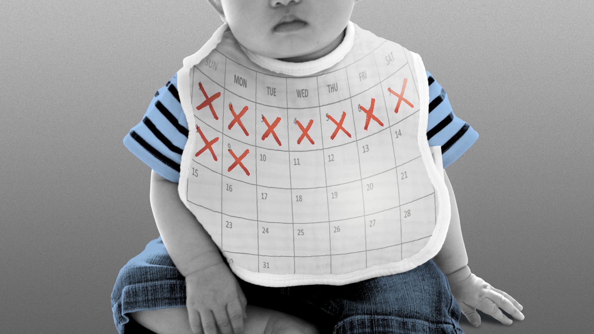Illustration of a baby wearing a bib with a calendar on it with marked out days