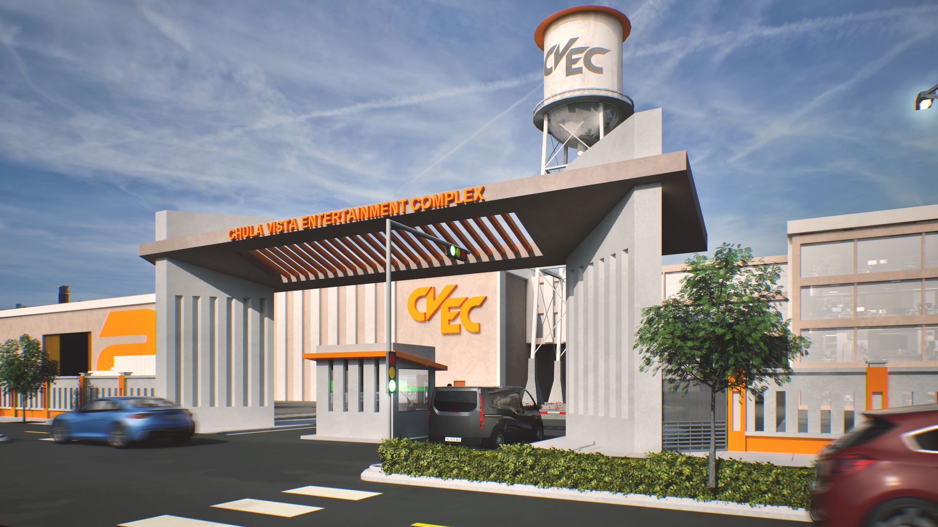 Entrance to Chula Vista Entertainment Complex with a large gray and orange gate, a water tower with "CVEC" logo, traffic lights, and cars passing by under a blue sky.