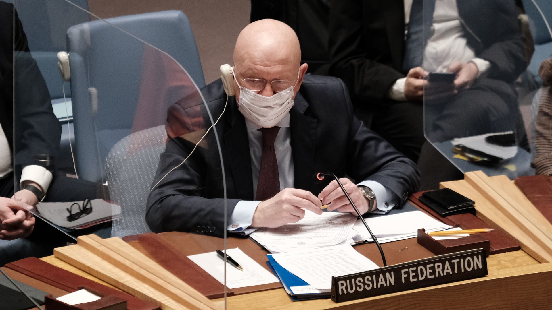 Russia's Ambassador to the United Nations Vasily Nebenzya attends a United Nations Security Council
