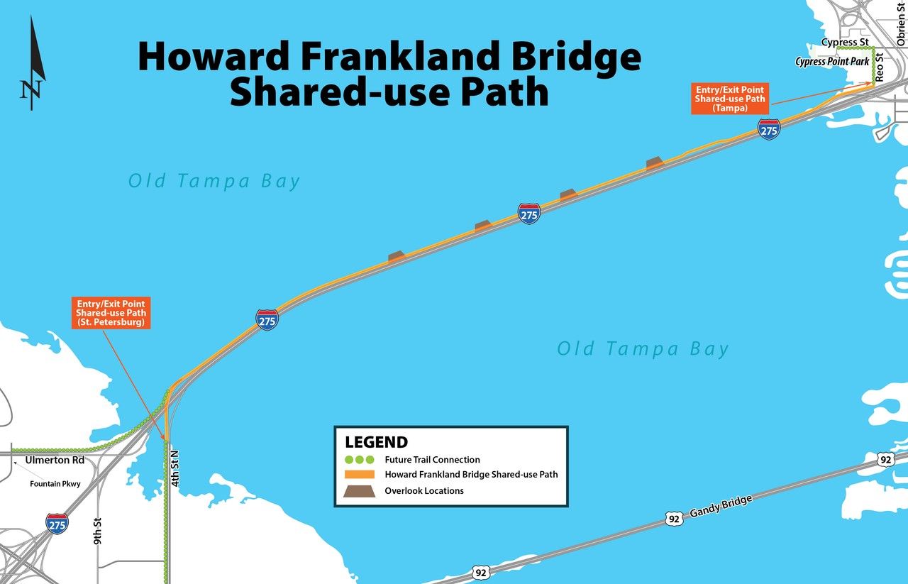 Map of the Howard Frankland Bridge Shared-use Path across Old Tampa Bay, showing the I-275 corridor, entry/exit points, route lines, and the legend.