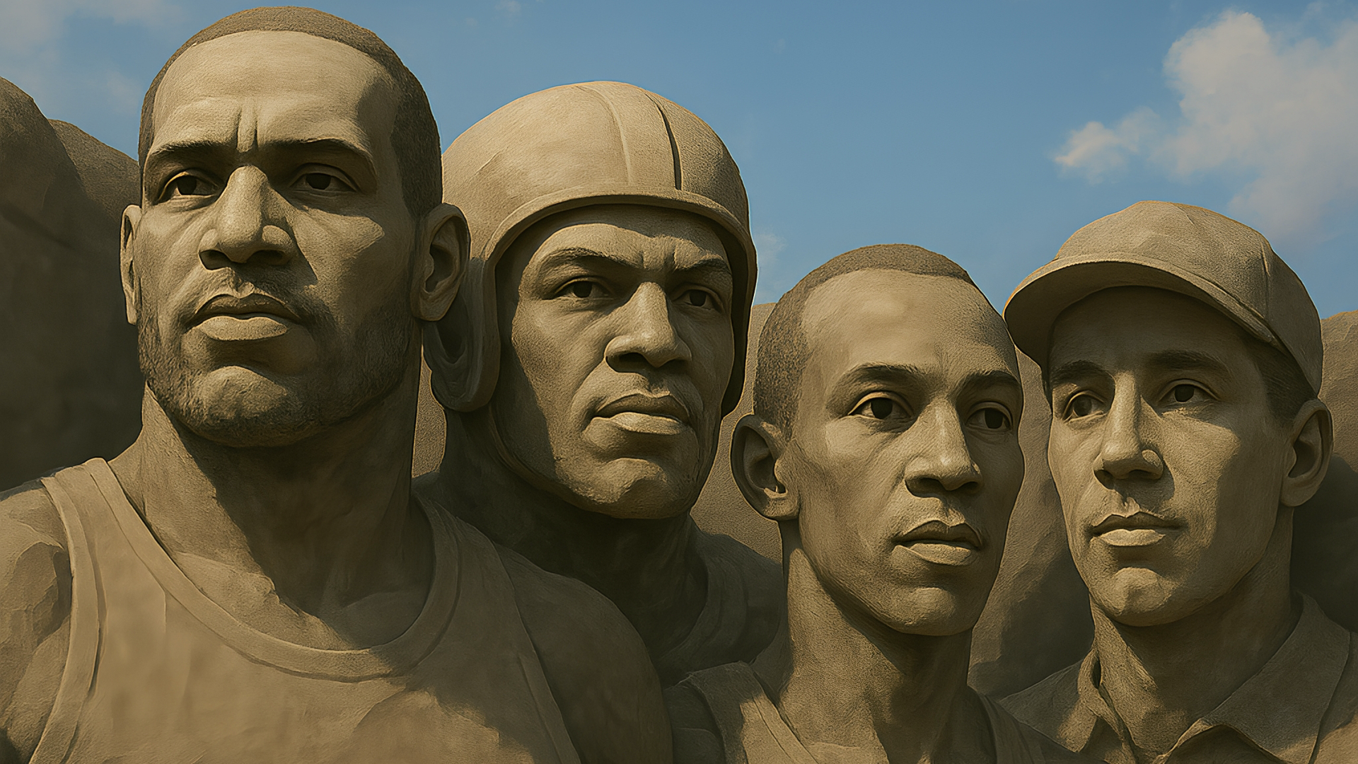 A custom Mount Rushmore of Cleveland sports athletes that look like LeBron James, Jim Brown, Jesse Owens and Bob Feller.