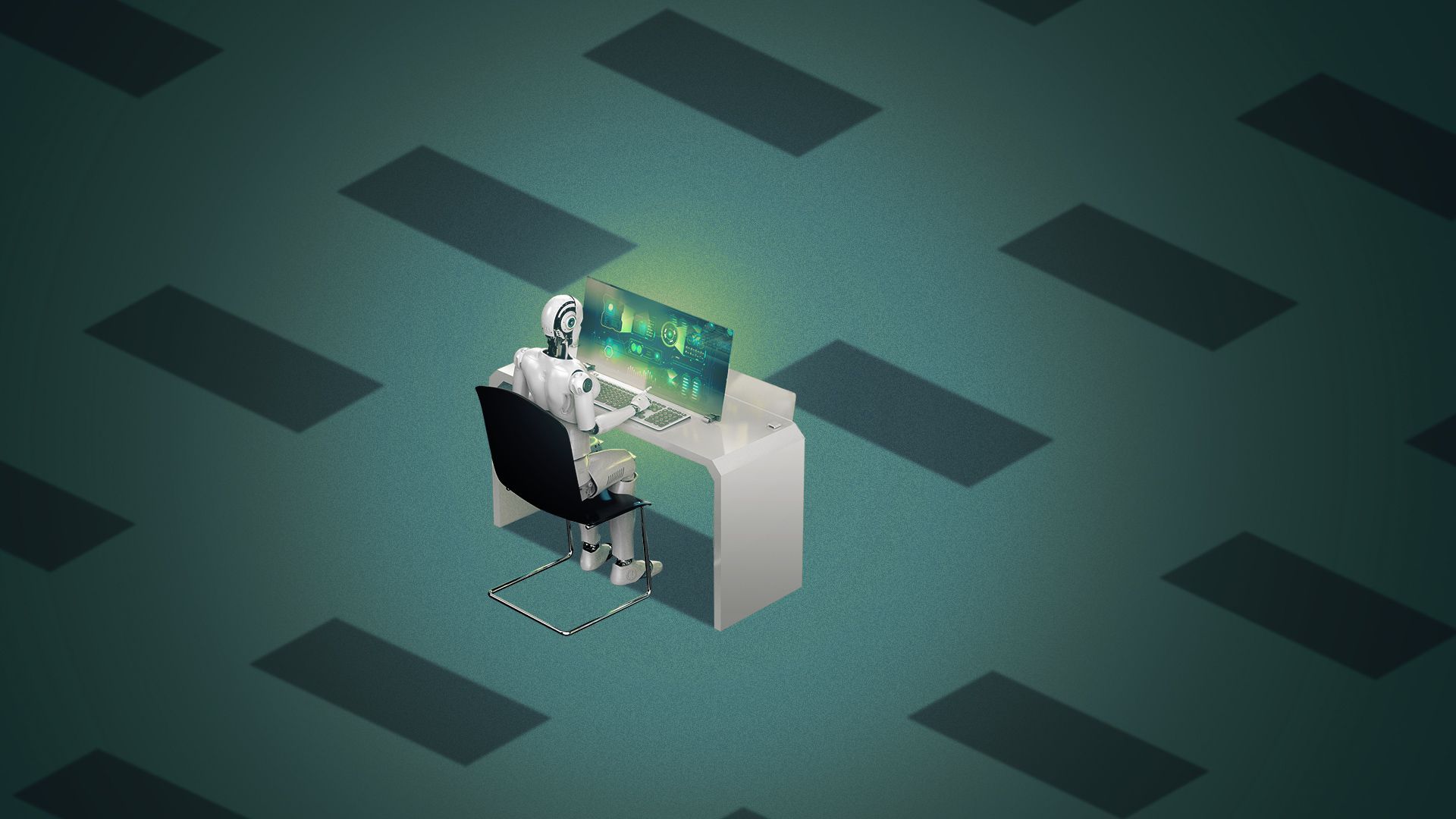 A futuristic scene featuring a humanoid robot sitting in a chair at a modern desk, working on a glowing high-tech computer. The robot is focused on a digital interface displayed on the screen. The background is a teal color with geometric shapes, creating a digital and modern atmosphere.