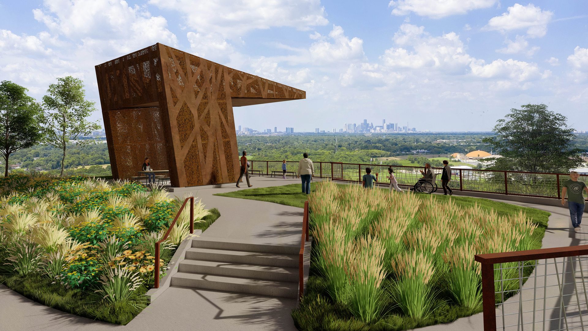 A rendering of a new park located in Sunnyside with views of downtown Houston 