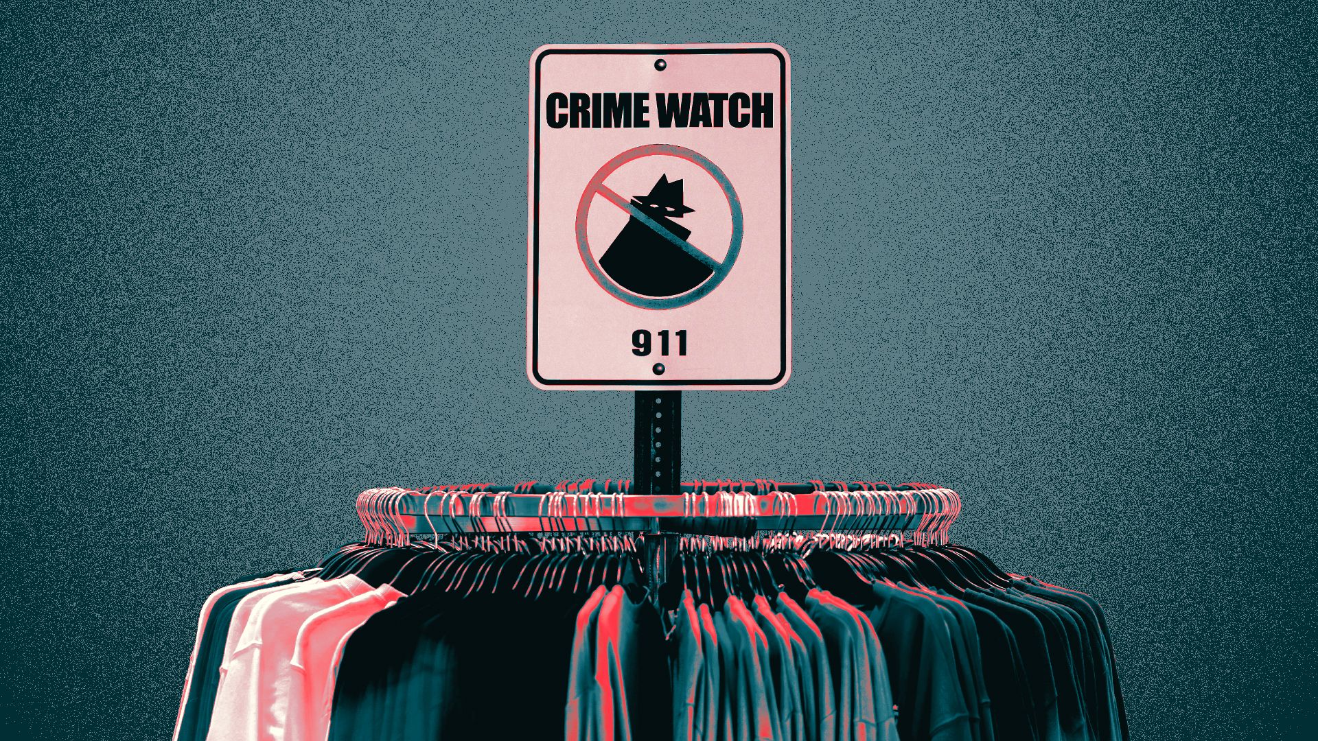 Illustration of a retail clothing rack with a crime watch sign sticking up out of the middle of it.