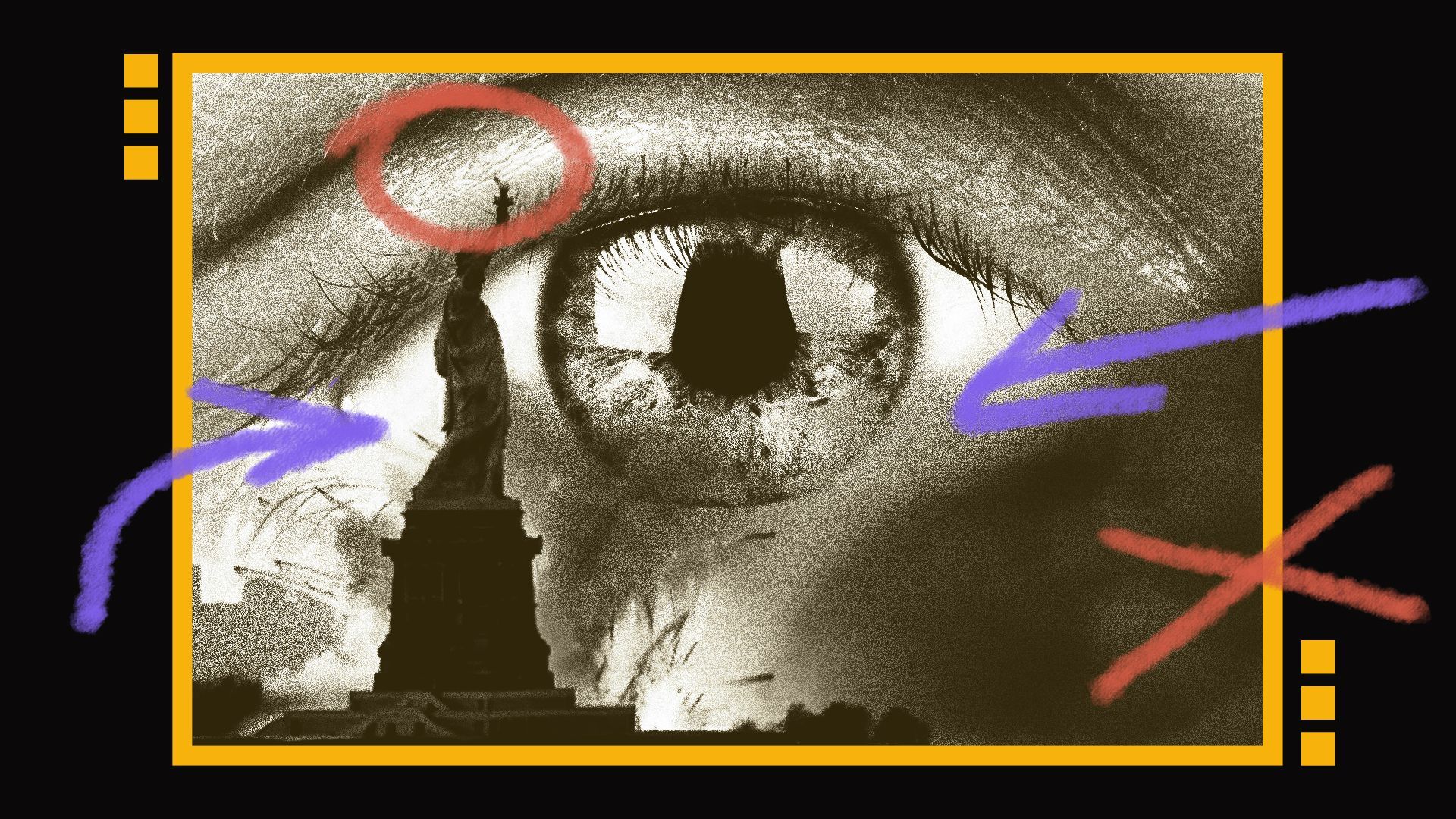 Photo illustration of an AI-generated image of the Statue of Liberty exploding, a close-up of an eye and abstract hand-drawn symbols and shapes.