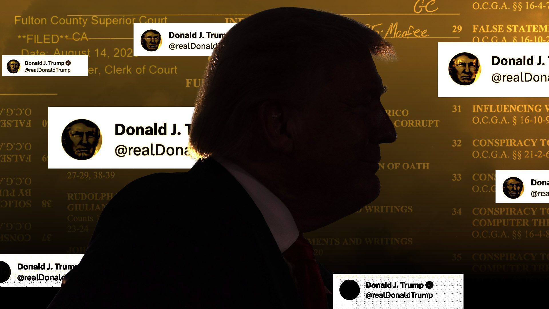 Photo Illustration of Donald Trump's silhouette surrounded by Twitter clips and court documents