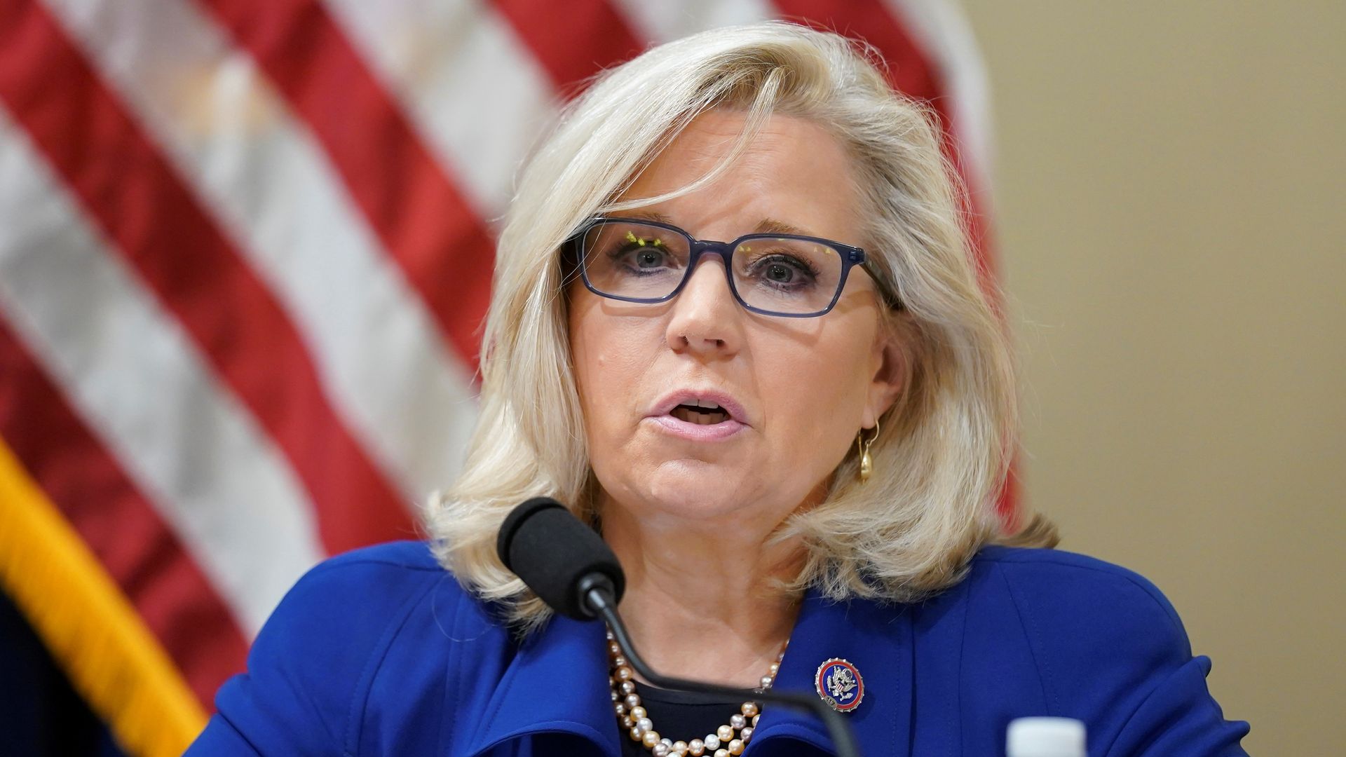 Photo of Liz Cheney speaking into a mic from a seat