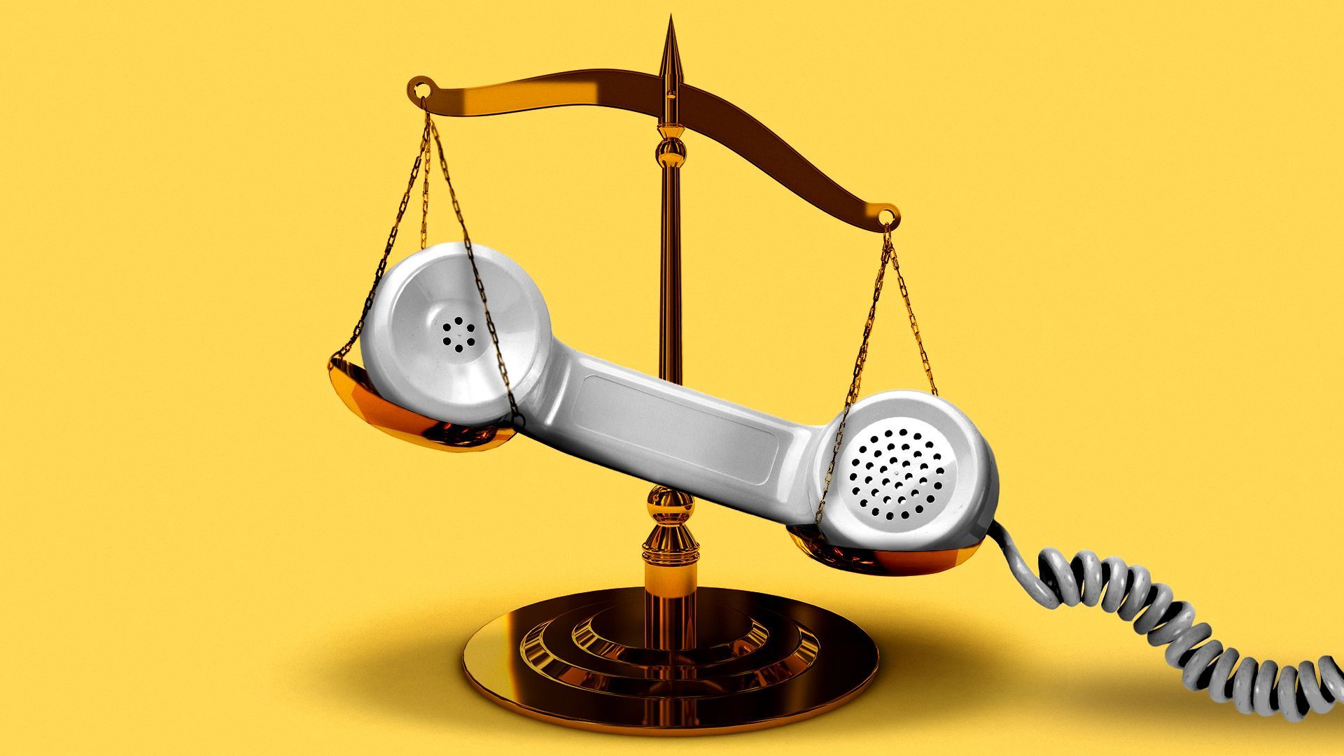 Illustration of a phone receiver placed in the two plates of justice scales