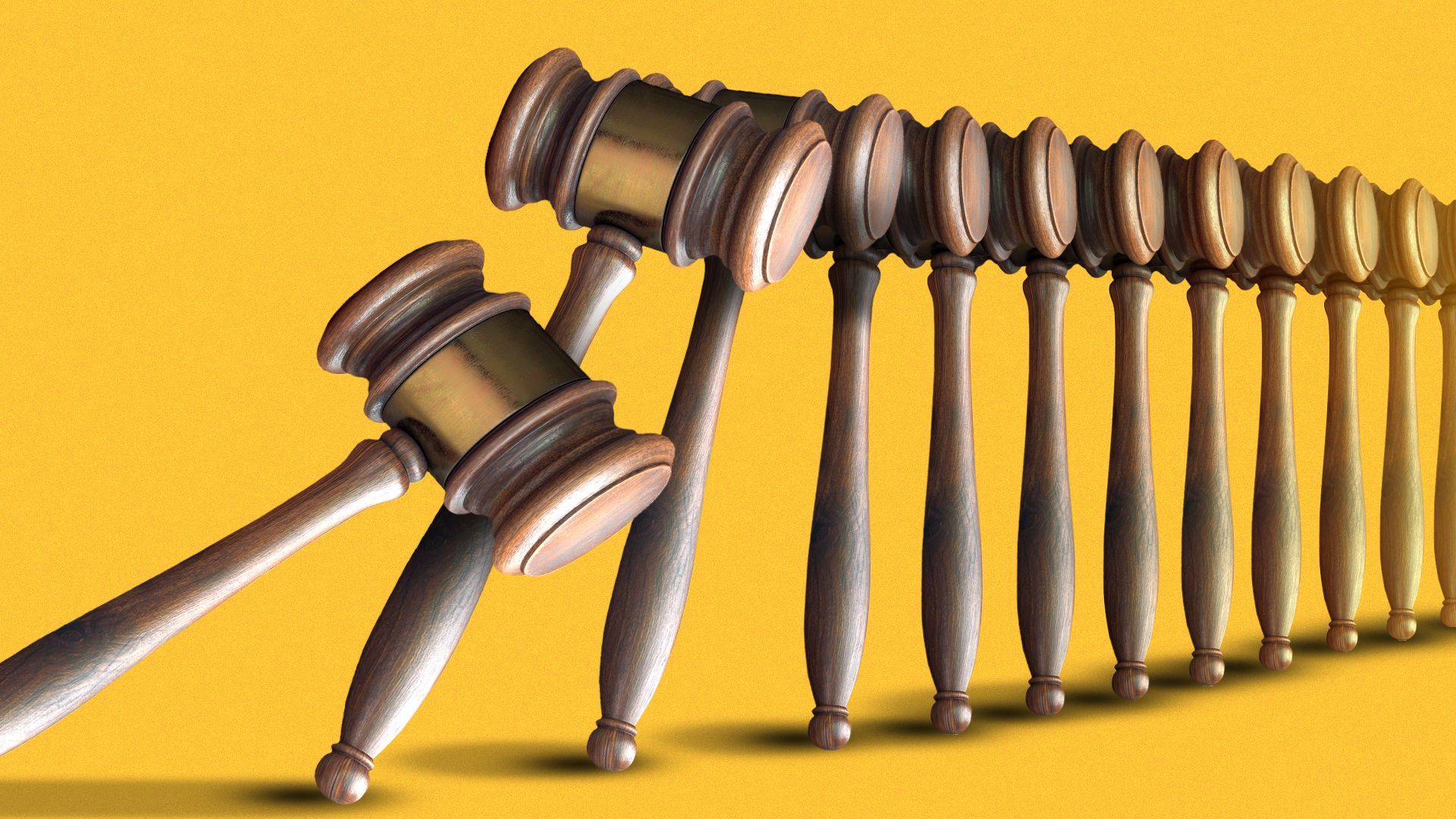 Illustration of a row of standing gavels set up and toppling like dominoes