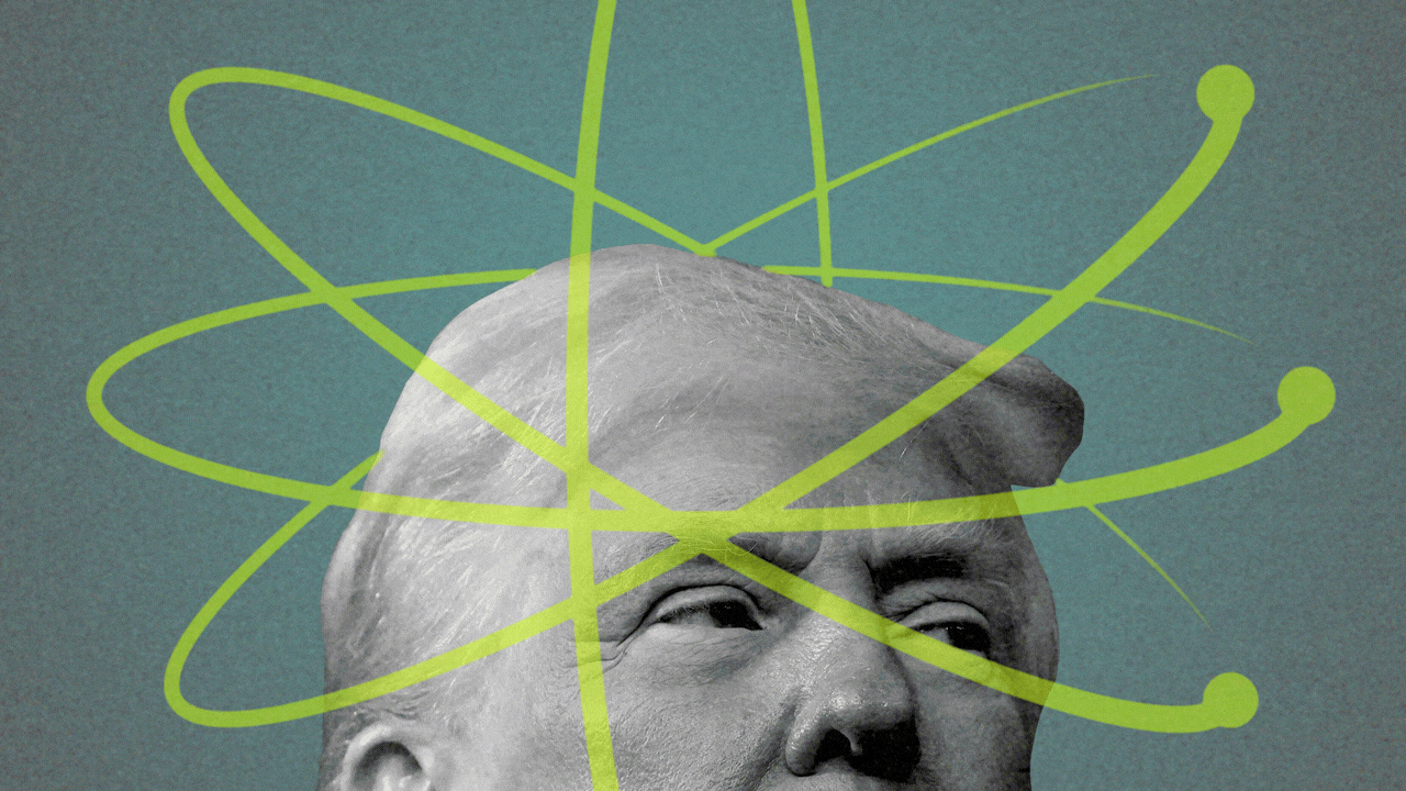 Animated photo illustration of the particles of an atom rotating around Donald Trump's head.