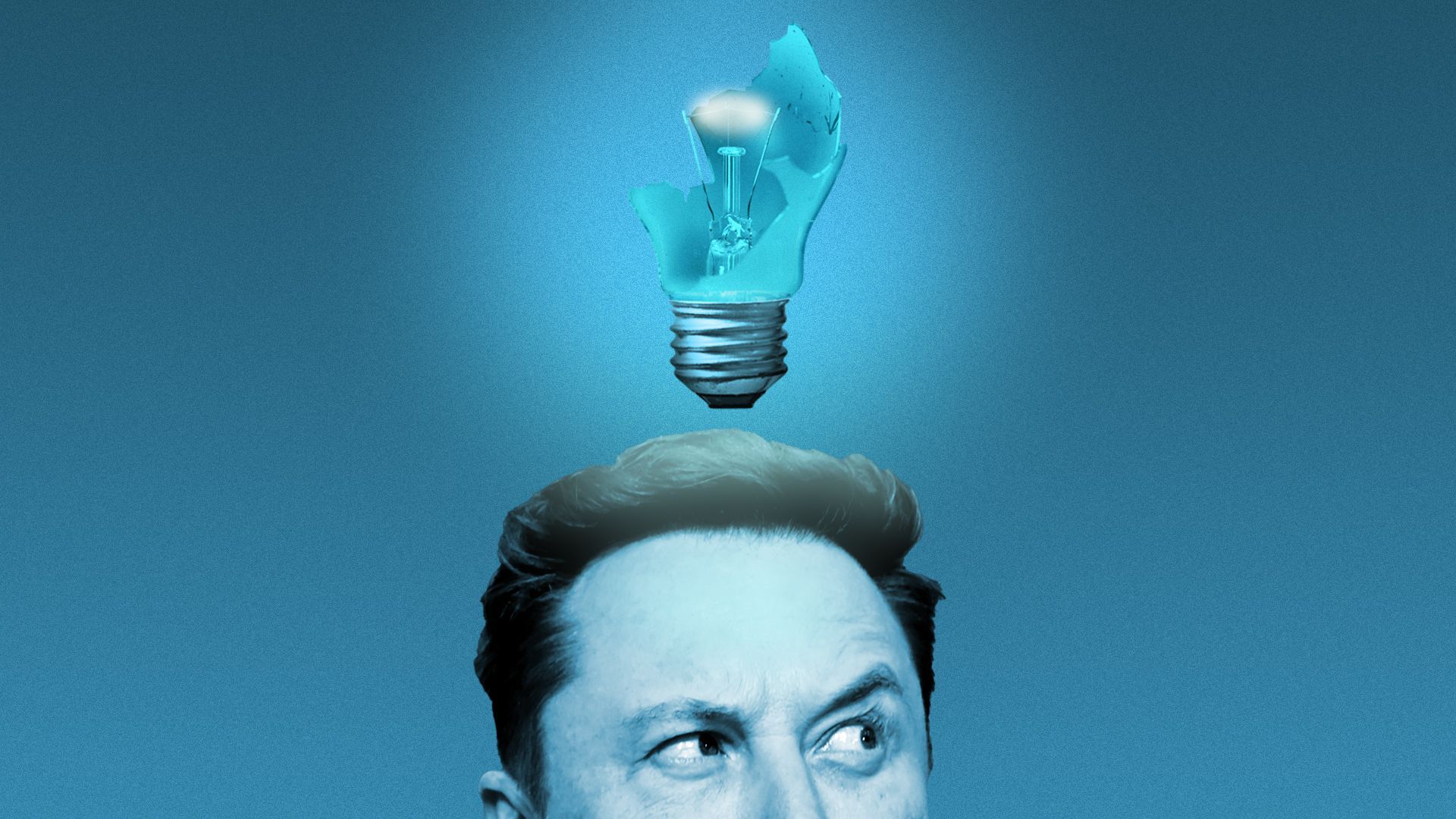 Photo illustration of Elon Musk with a broken lightbulb over his head