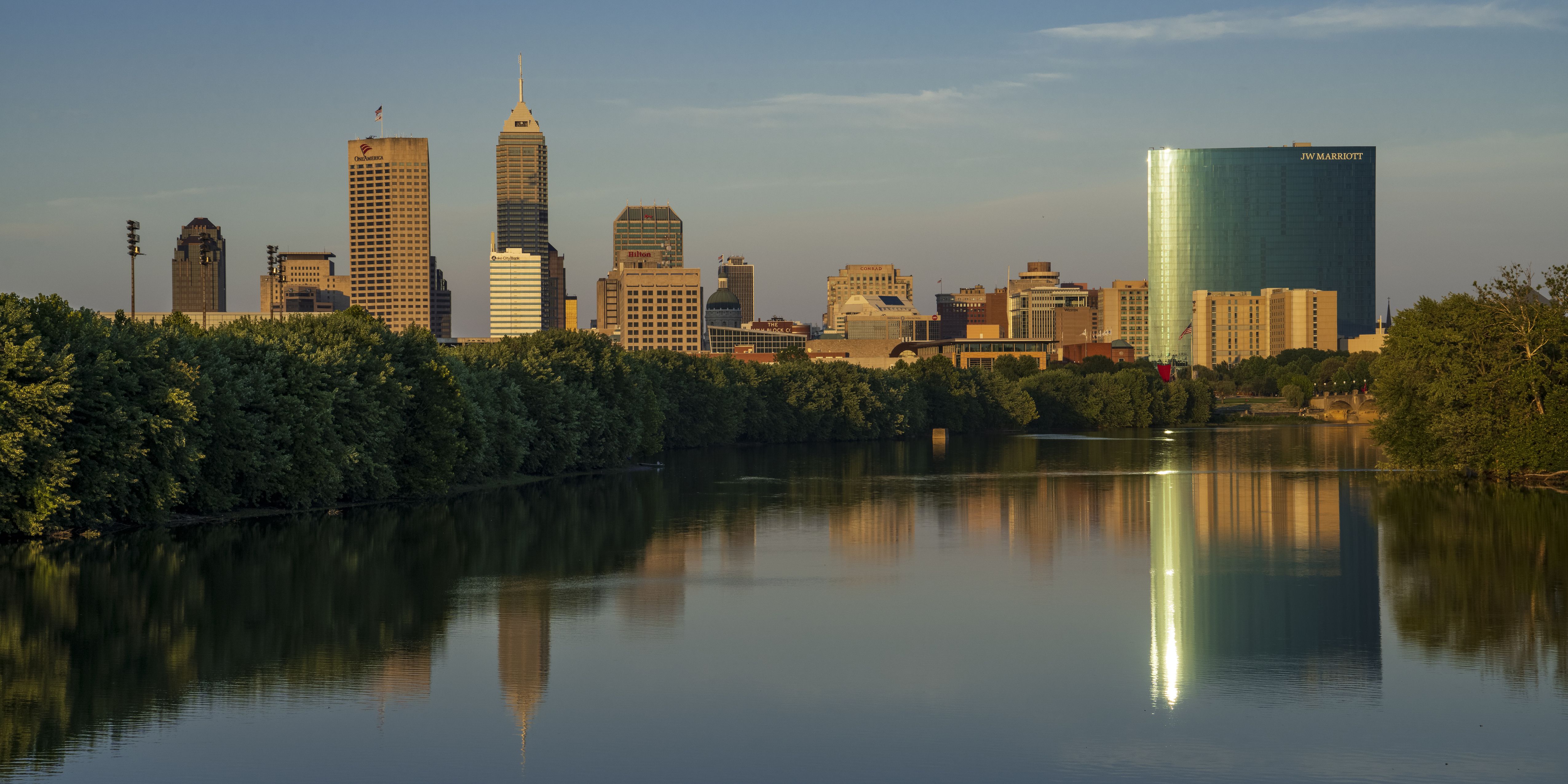 Indianapolis city skyline reflected in a river