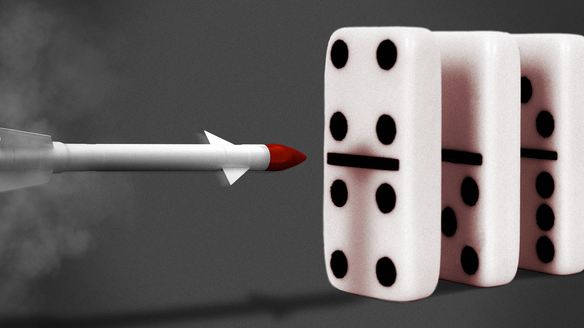 Illustration of a missile heading towards a row of dominos.