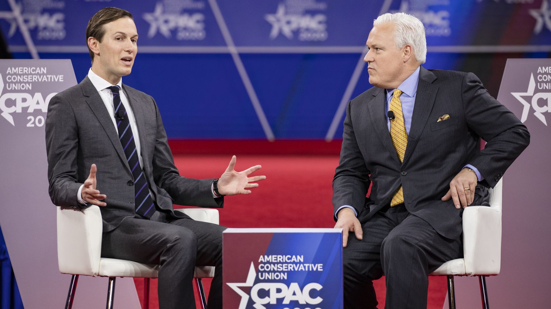 Matt Schapp is seen interview Jared Kushner at the 2020 CPAC meeting.