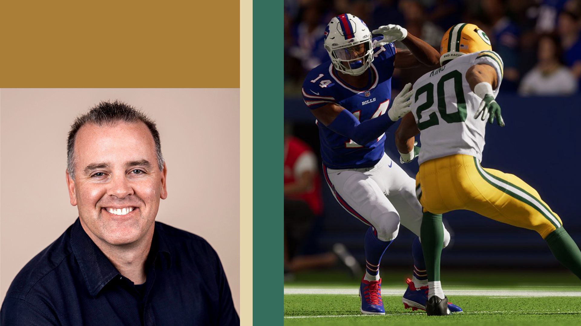 Photo illustration of a headshot of Daryl Holt next to a screen shot from the Madden NFL 22 game