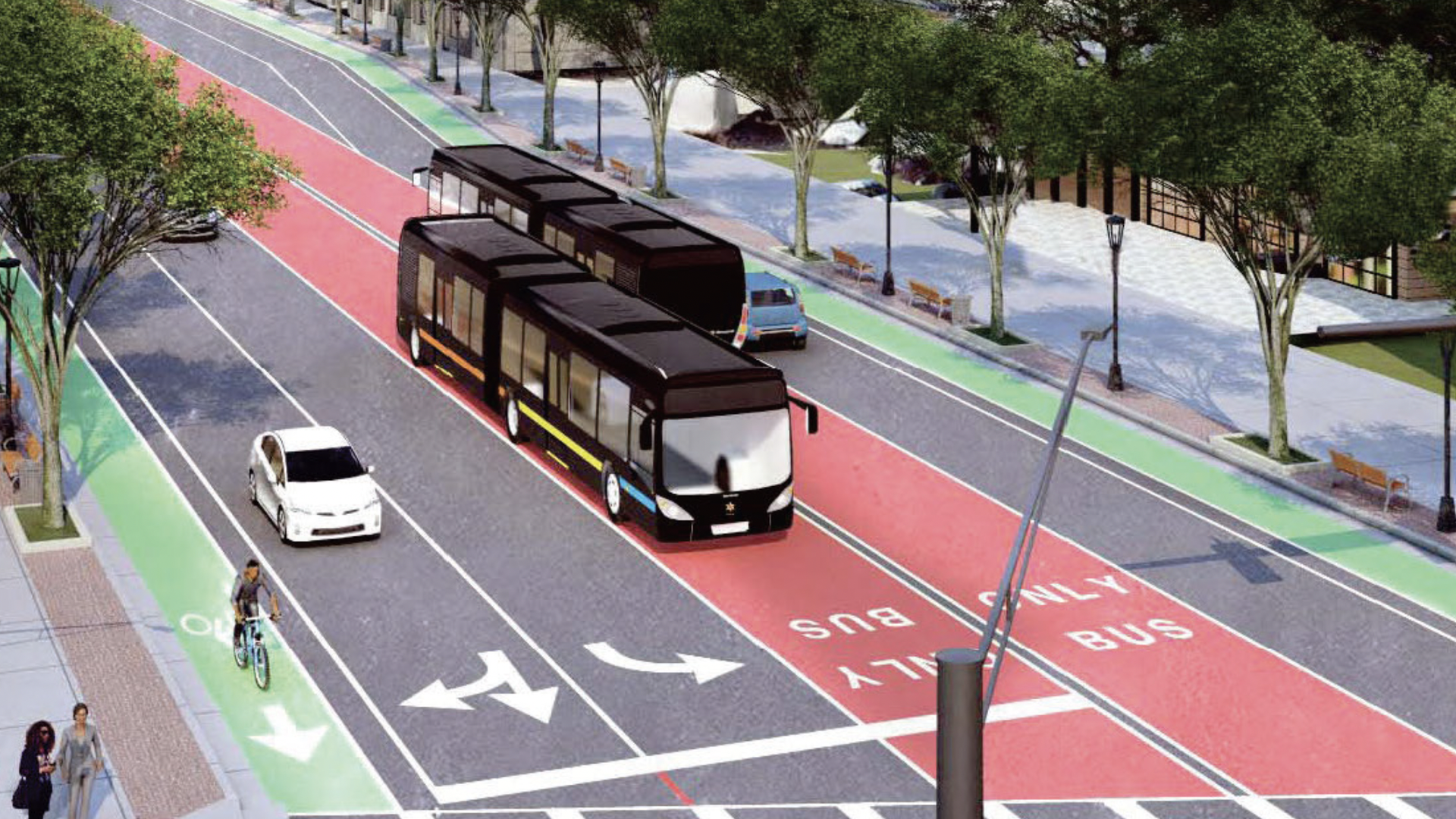 Two buses travel in bus-only lanes painted red as a person rides in a bike lane and people walk on the sidewalks