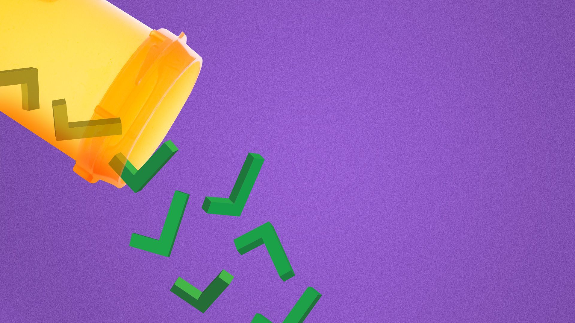 Illustration of a pill bottle emptied of green checkmarks.
