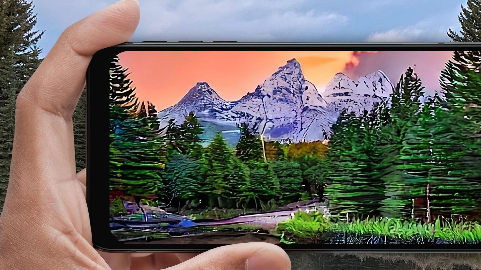 A smartphone held by a hand. The screen of the phone shows a detailed generative AI image of a mountain landscape