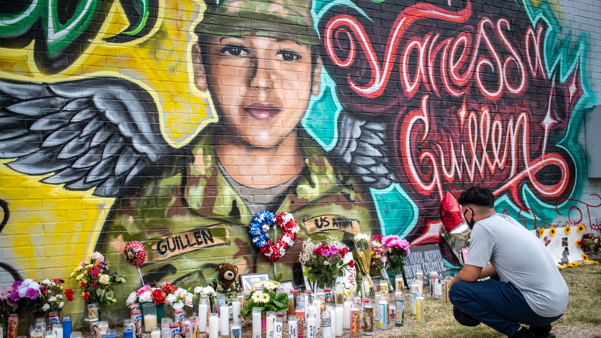 People pay respects at a mural of Vanessa Guillen, a soldier based at nearby Fort Hood on July 6