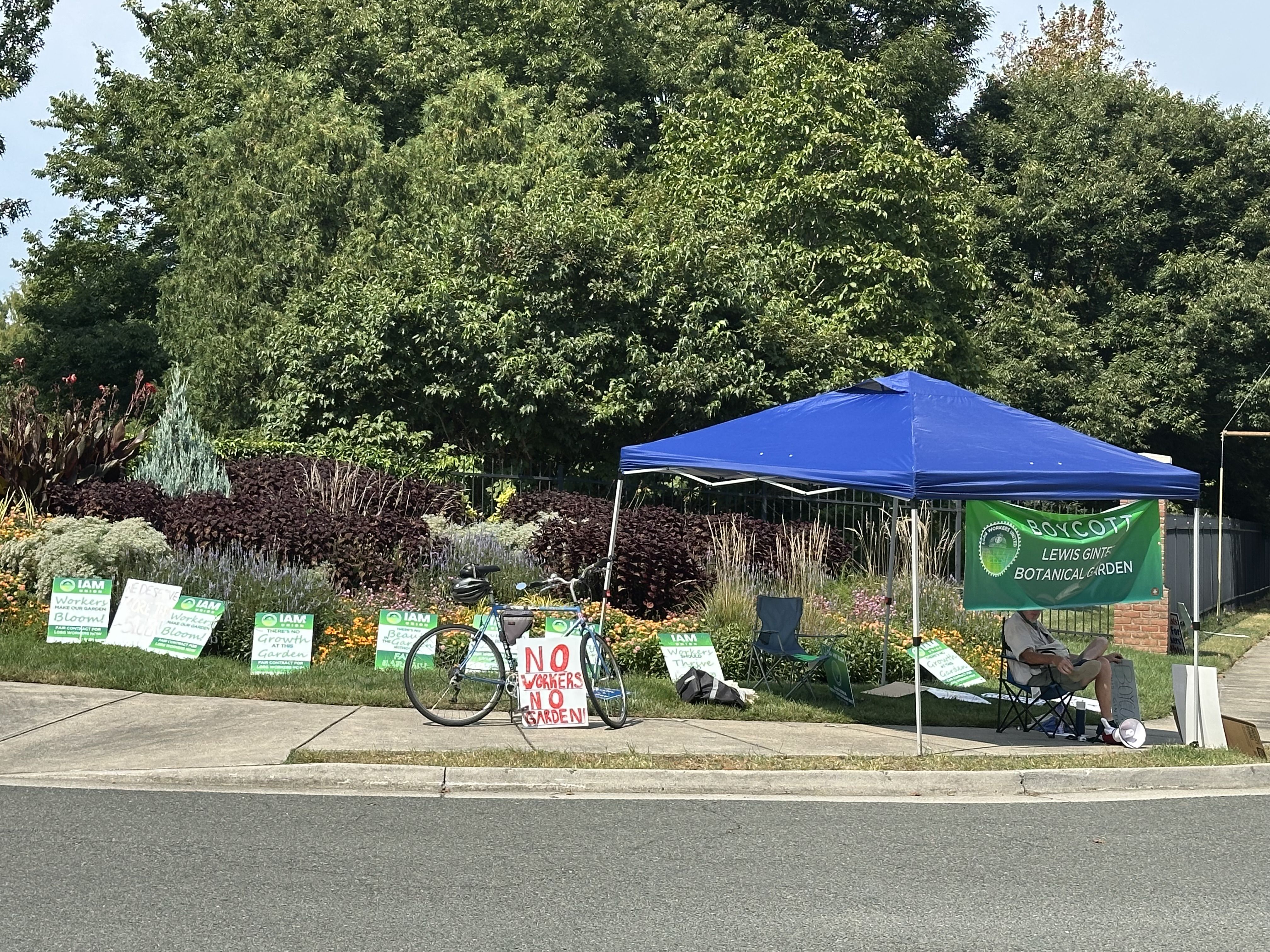 A protest scene at a botanical garden: a blue canopy tent, yard signs reading NO WORKERS NO GARDEN, bicycles, and a person sitting under the tent, with lush green trees behind.