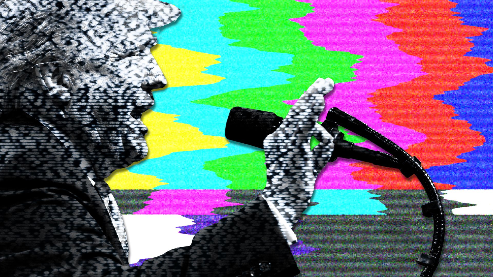 Photo illustration of President Donald Trump speaking at a microphone with television snow over him and behind him