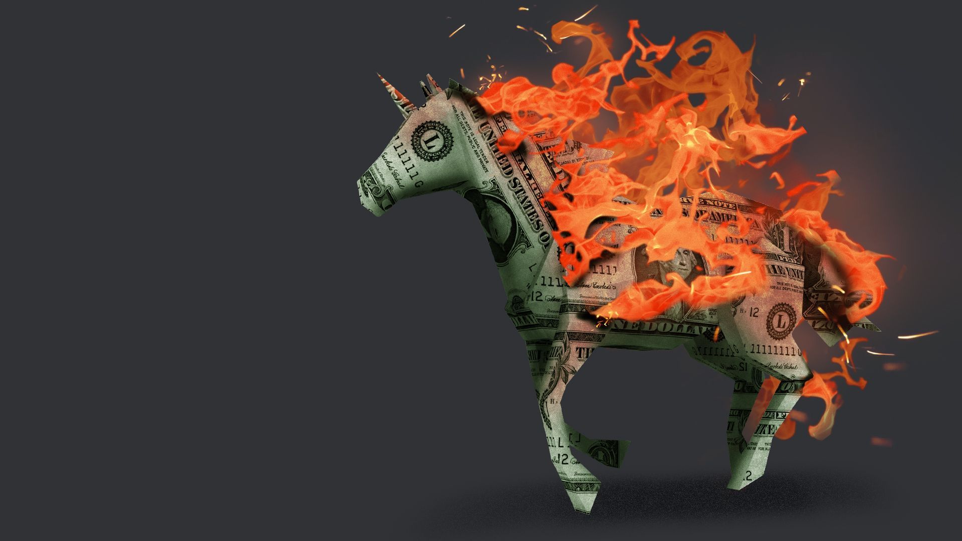 Illustration of an origami unicorn made of money on fire.