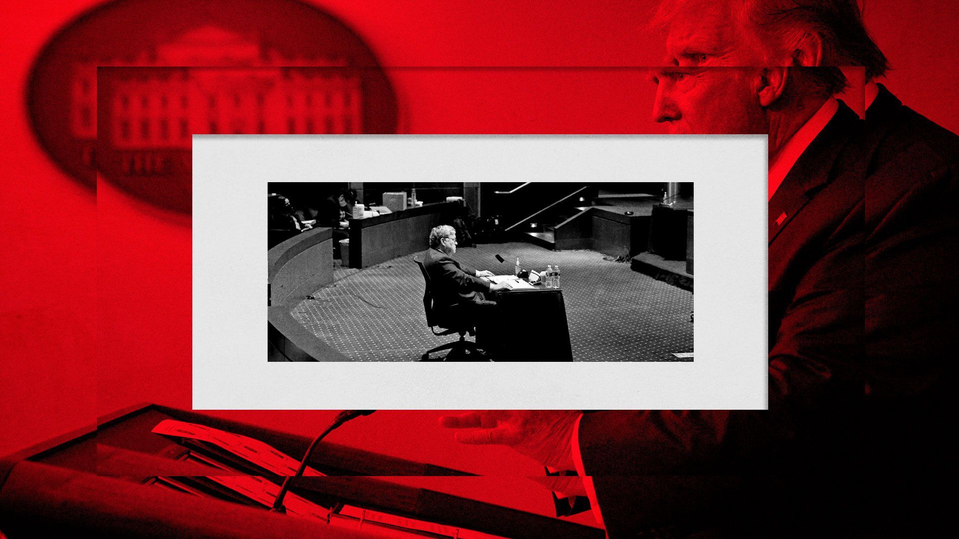 Photo illustration of Donald Trump and William Barr