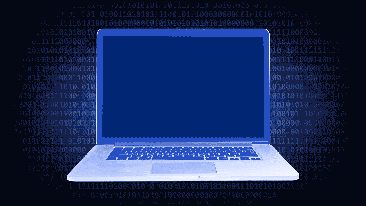 Animated illustration of a laptop becoming more transparent to reveal binary code