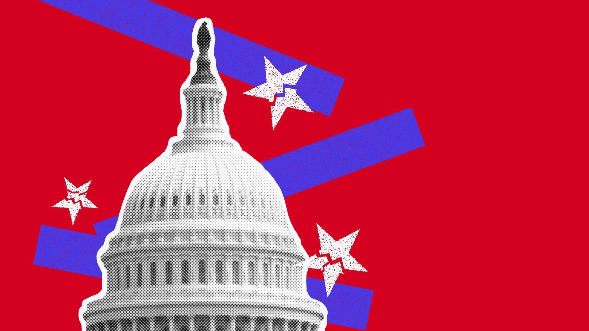 Illustration of the Capitol Dome with falling bars and broken stars behind it