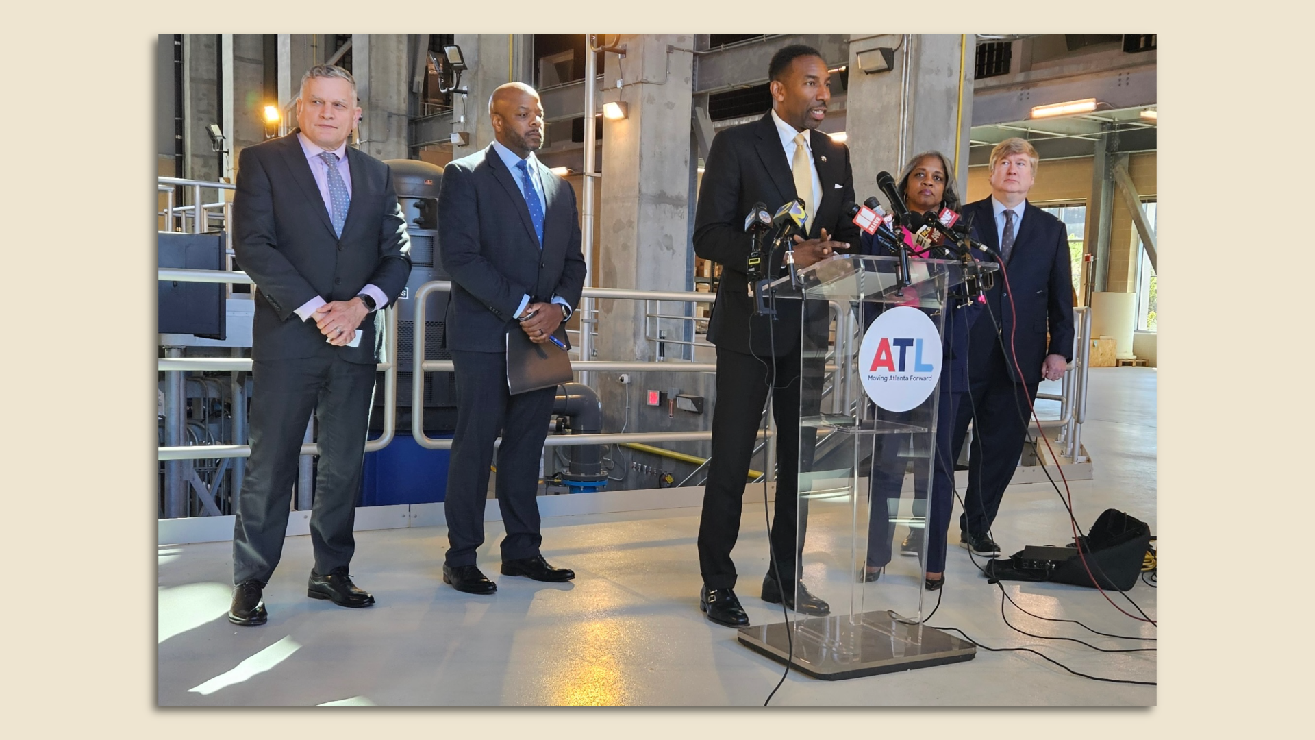 Atlanta mayor speaks during a press conference at the Shirley C. Franklin Pumping Station and Quarry in northwest Atlanta.