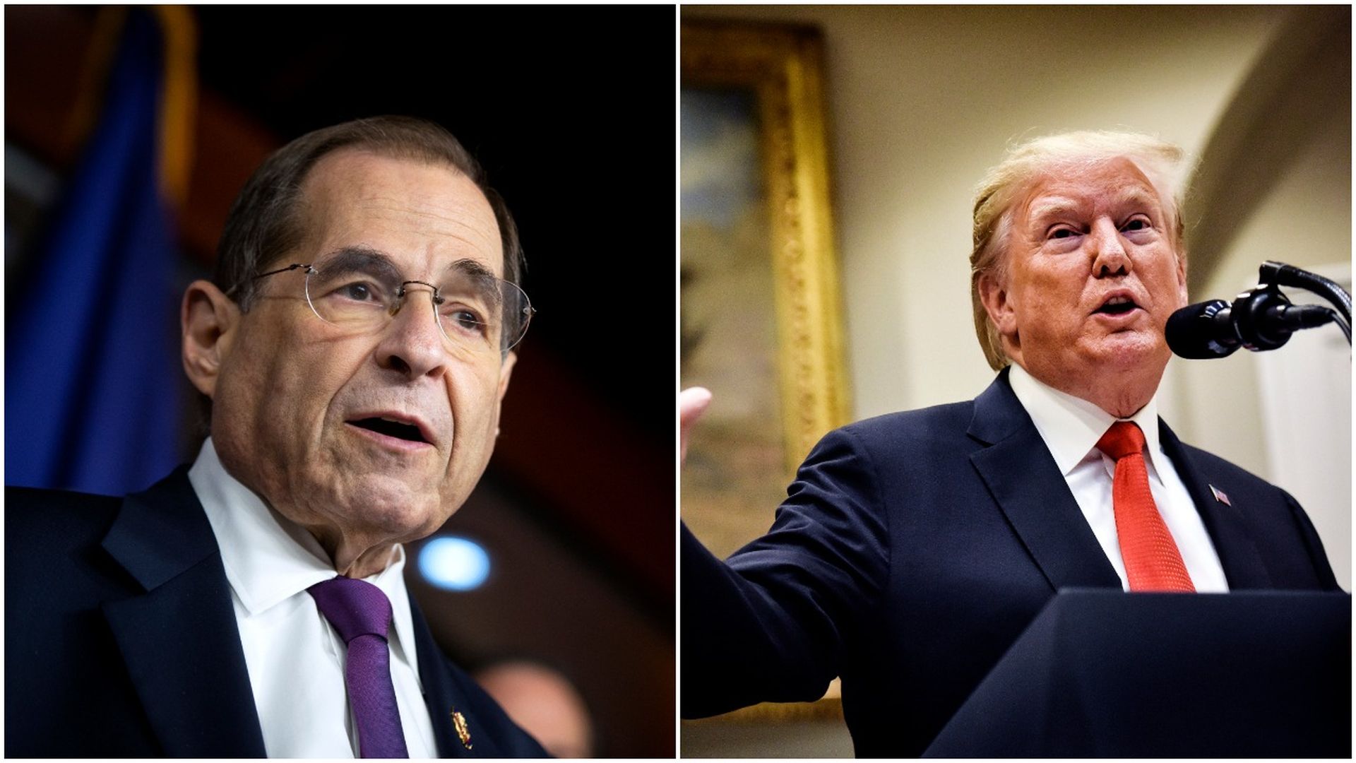 This image is a two-way splitscreen between Nadler and Trump.