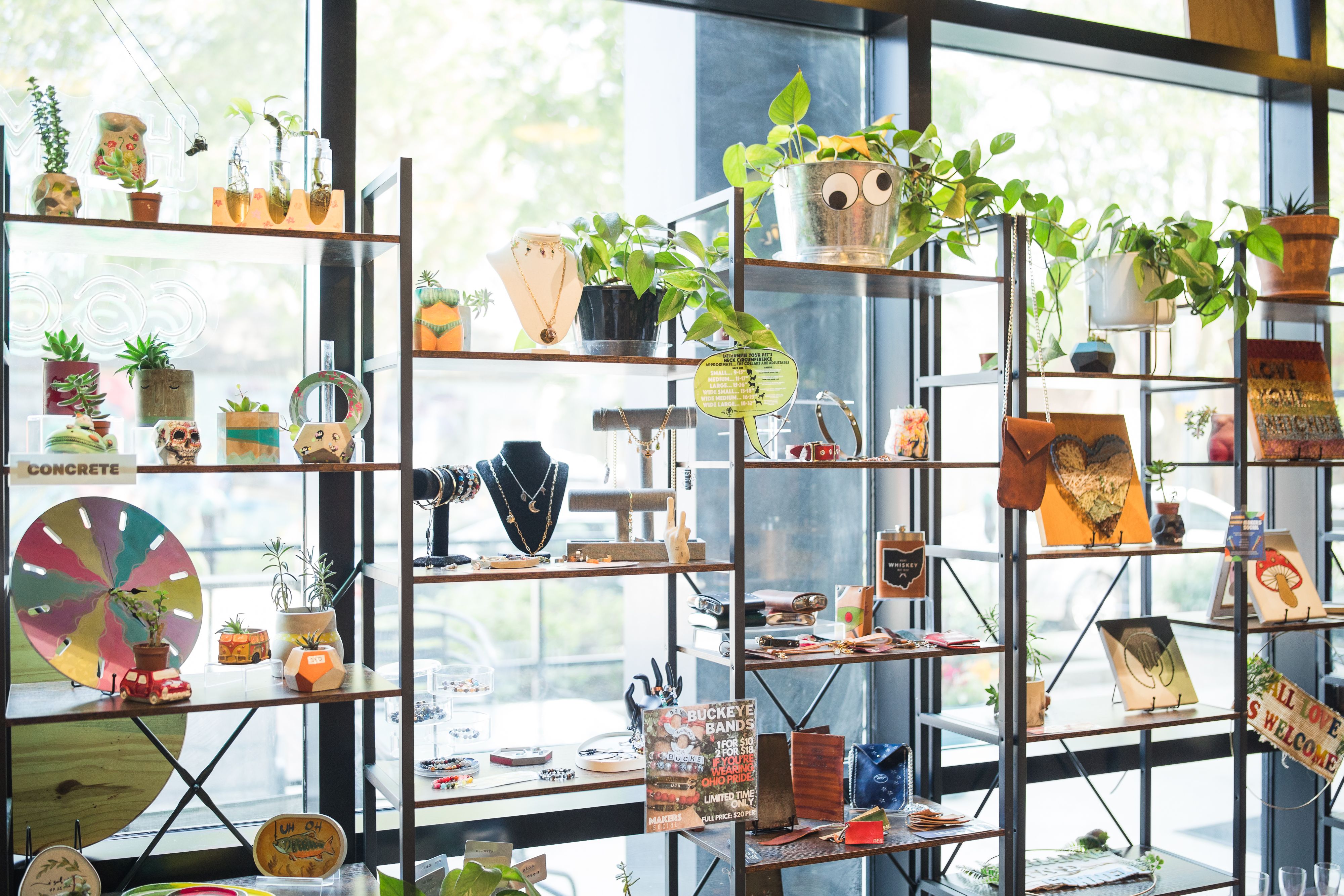 Shelves with various small plants, jewelry displays, colorful crafts, and decorative items by large windows with natural light.