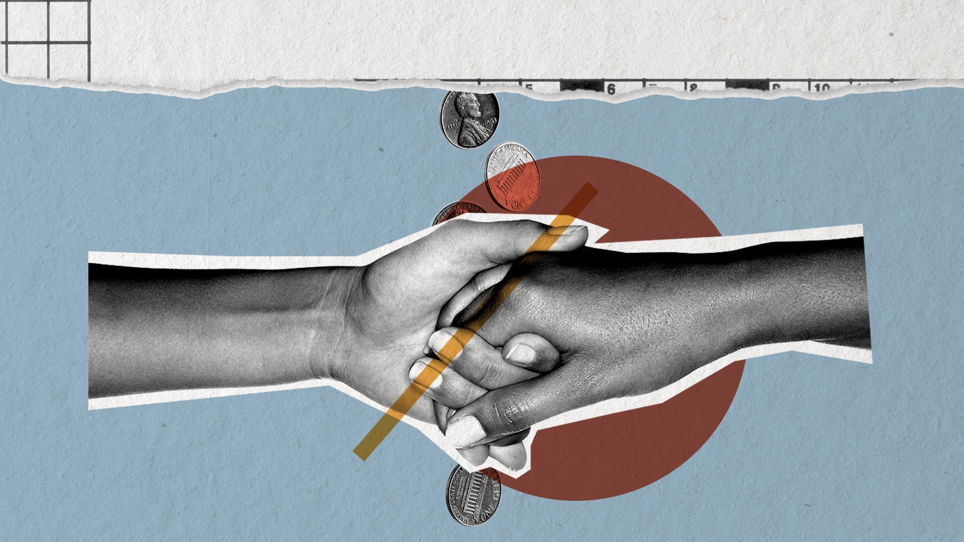 Illustration collage of two hands holding divided by shapes, positioned amidst falling money and torn paper