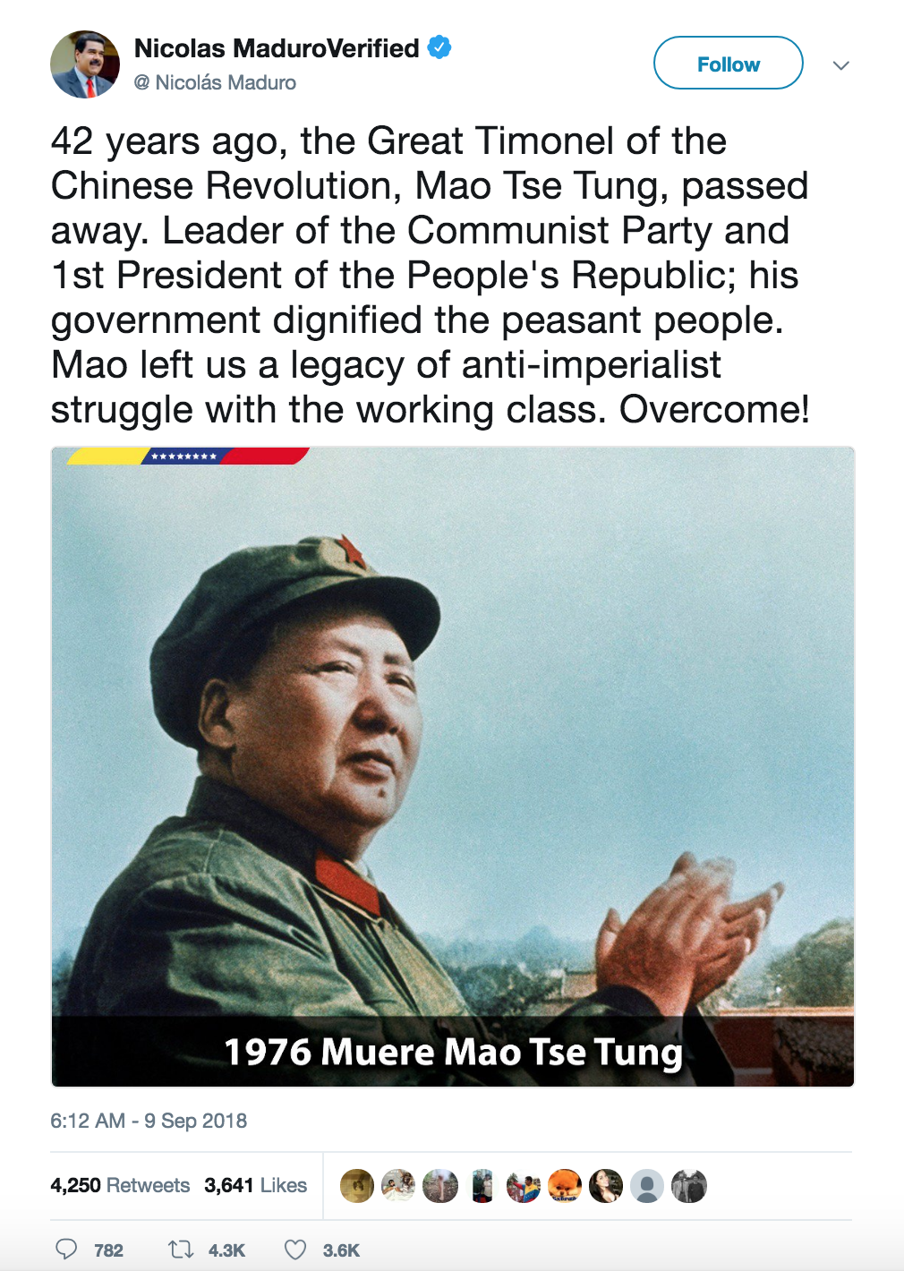 Screenshot of Venezuela President Maduro's tweet about Mao