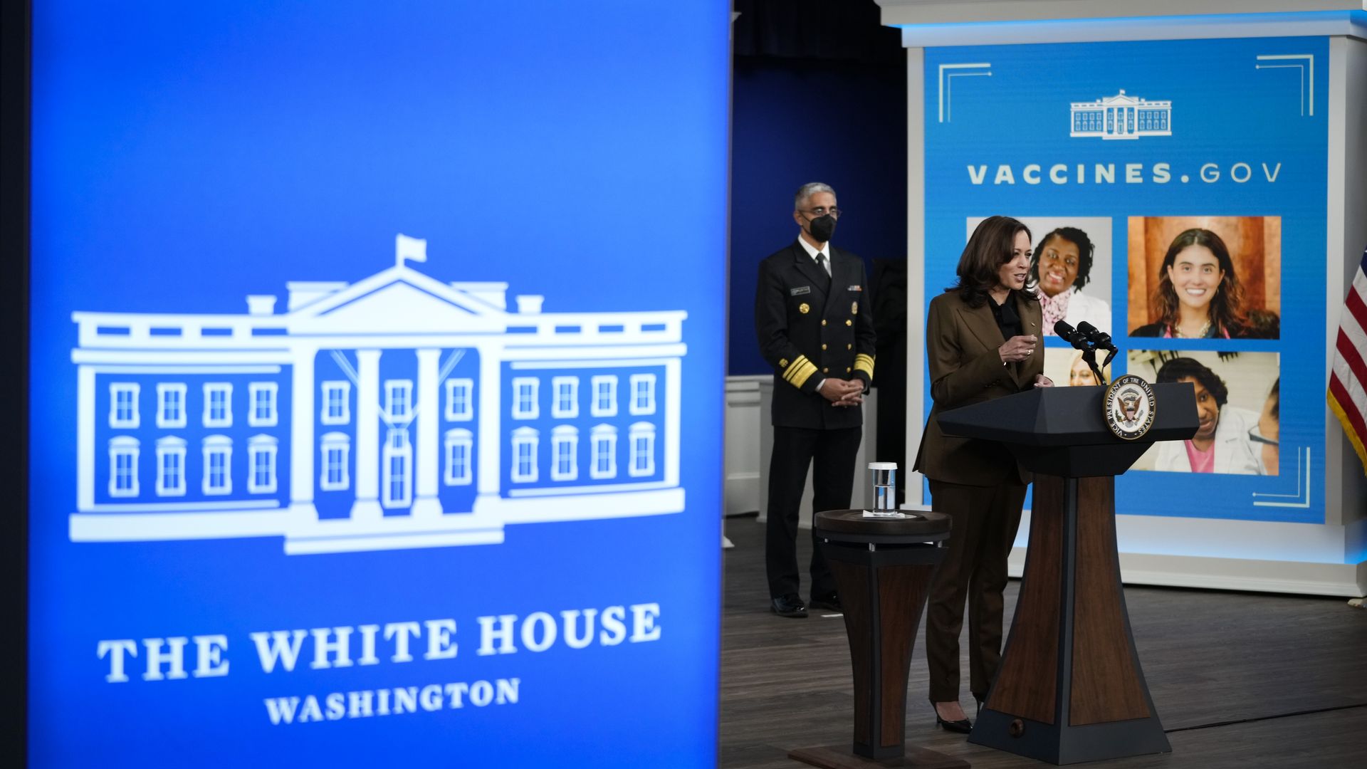 Vice President Kamala Harris speaks about Covid-19 vaccine equity in the South Court Auditorium at the White House.