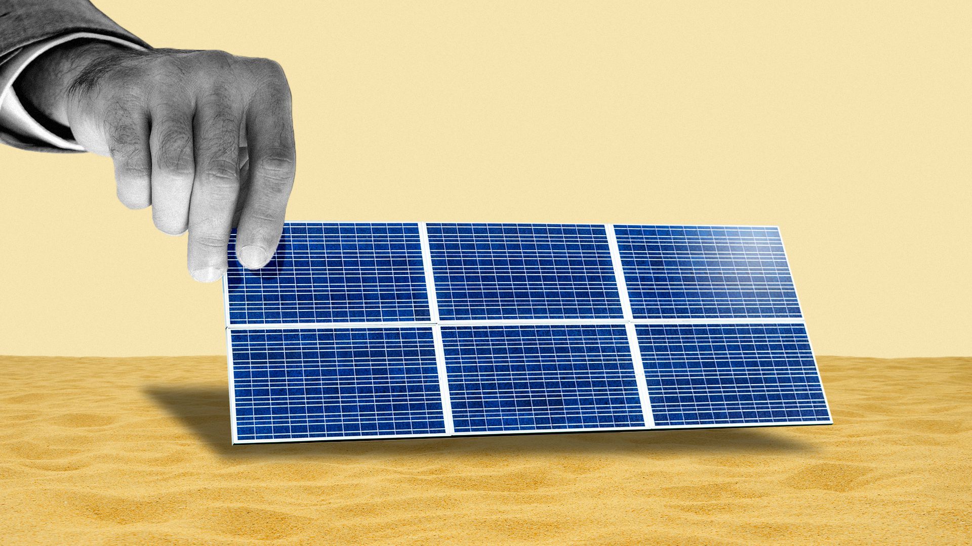 Illustration of a large hand placing a solar panel into desert sand