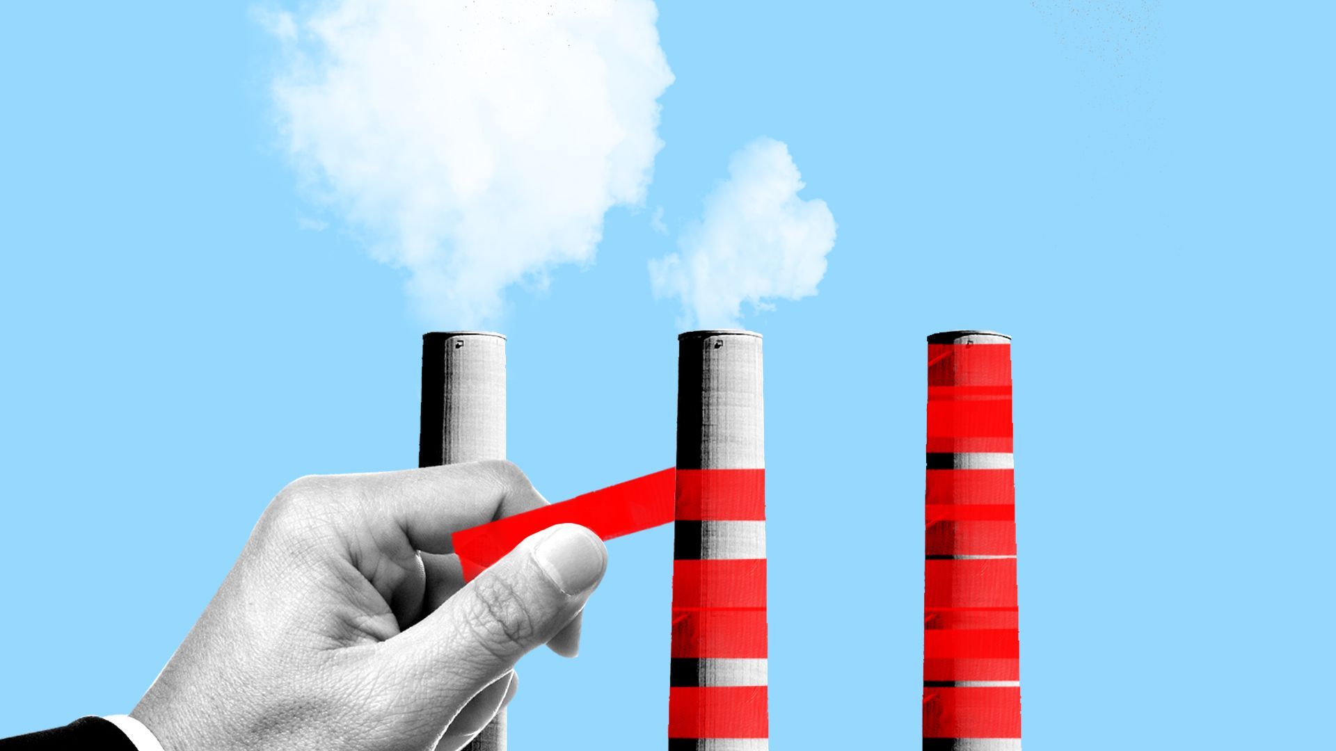Illustration of a hand wrapping red tape around smoke stacks. 