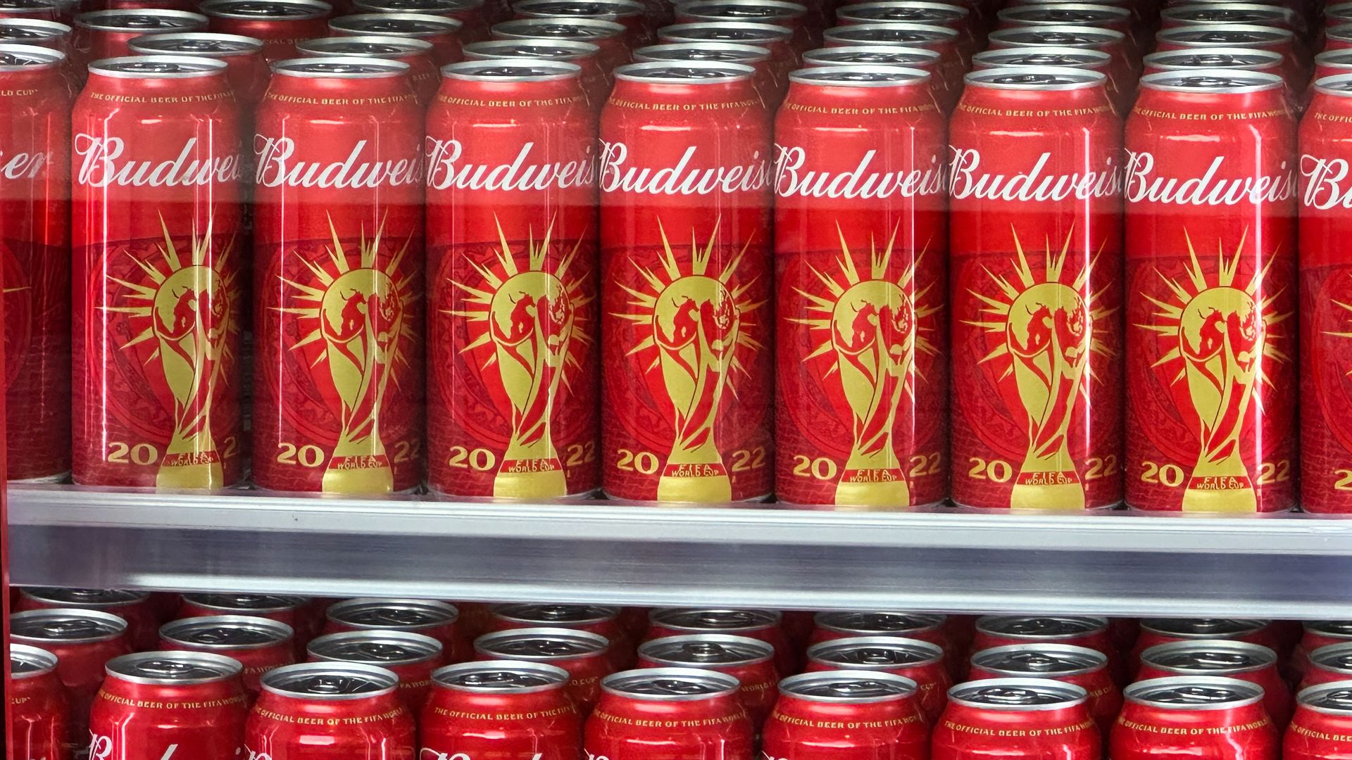 Cans of Budweiser beer featuring the FIFA World Cup logo on display in Doha on Friday.