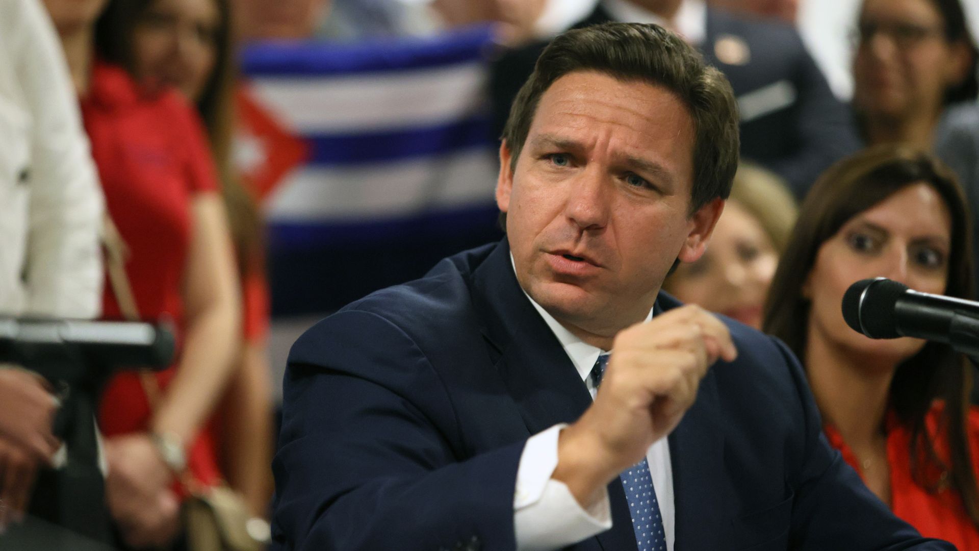 Florida Gov. Ron DeSantis takes part in a roundtable discussion about the uprising in Cuba at the American Museum of the Cuba Diaspora on July 13, 2021 in Miami, Florida.