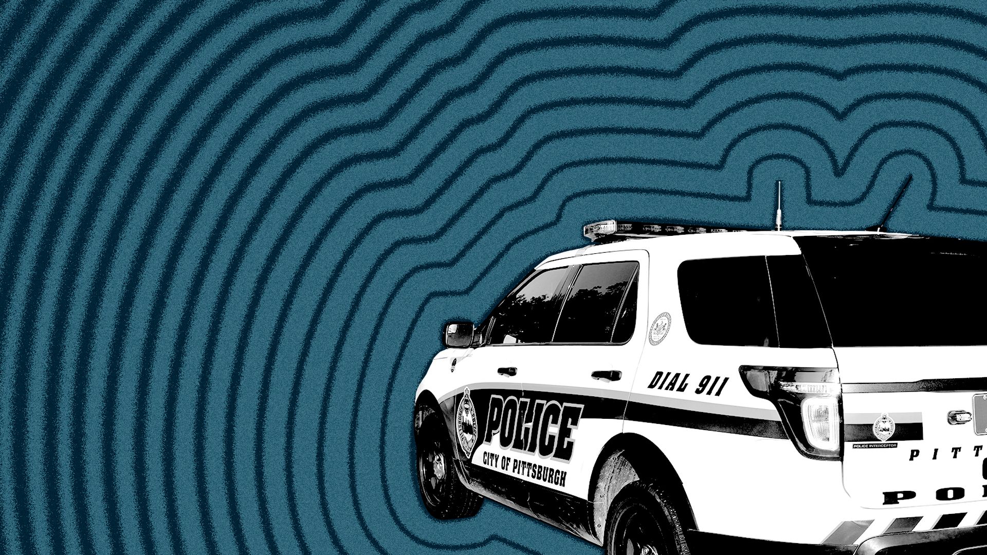 Photo illustration of a Pittsburgh police cruiser with lines emanating from it.