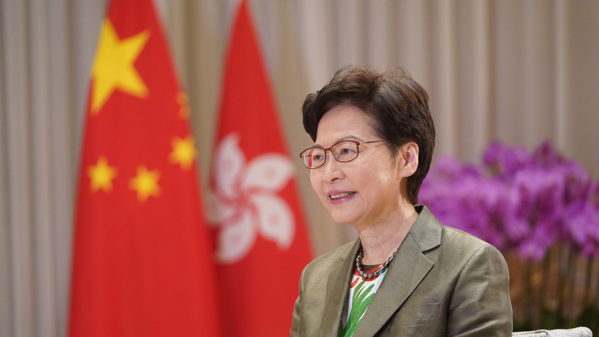 Chief Executive of the Hong Kong Special Administrative Region HKSAR Carrie Lam speaks in a joint interview with media outlets in Hong Kong, south China, Sept. 13