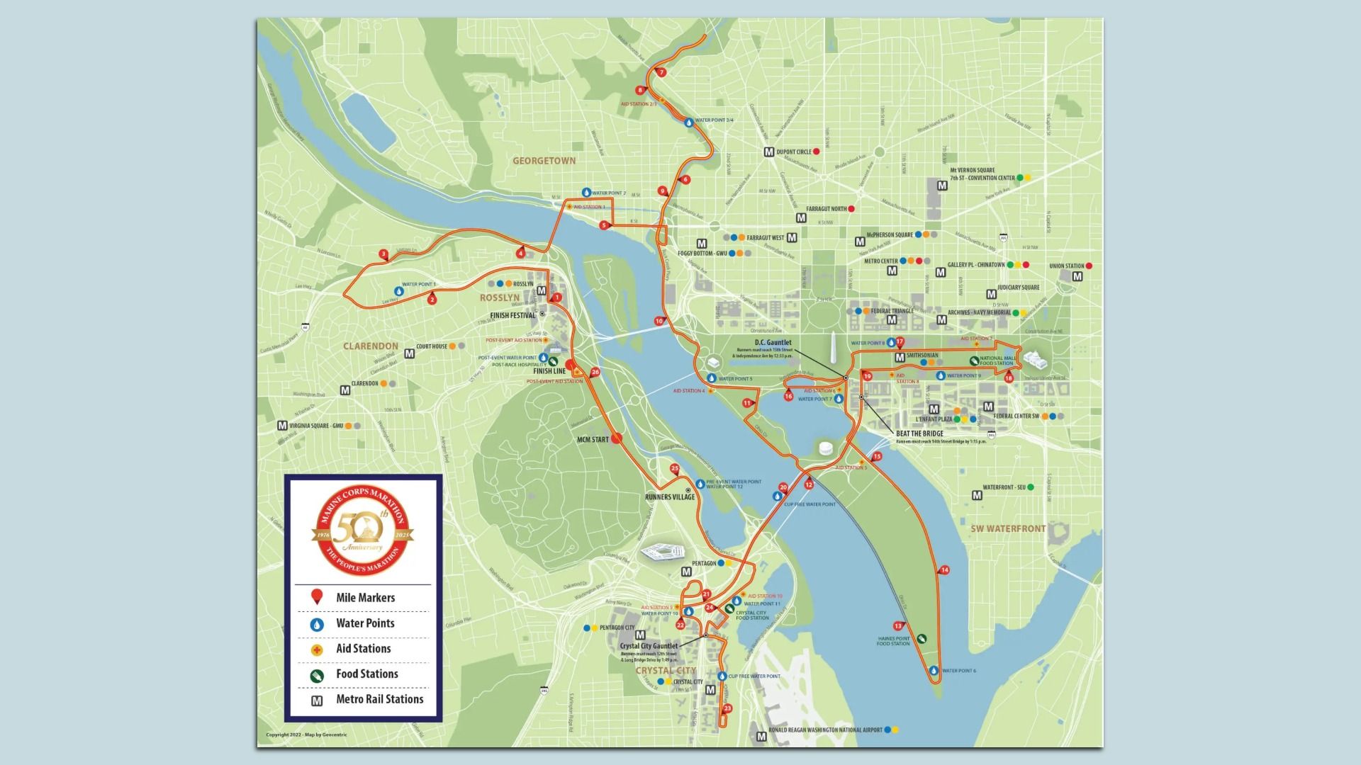 Map of the Marine Corps Marathon route in Washington, D.C., featuring mile markers, water points, aid stations, food stations, and Metro rail stations, marked with icons and an orange route line.