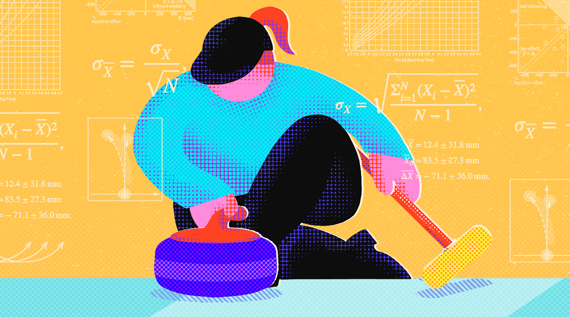 Illustration of a curler lunging, with complex diagrams, charts, and math equations around them.