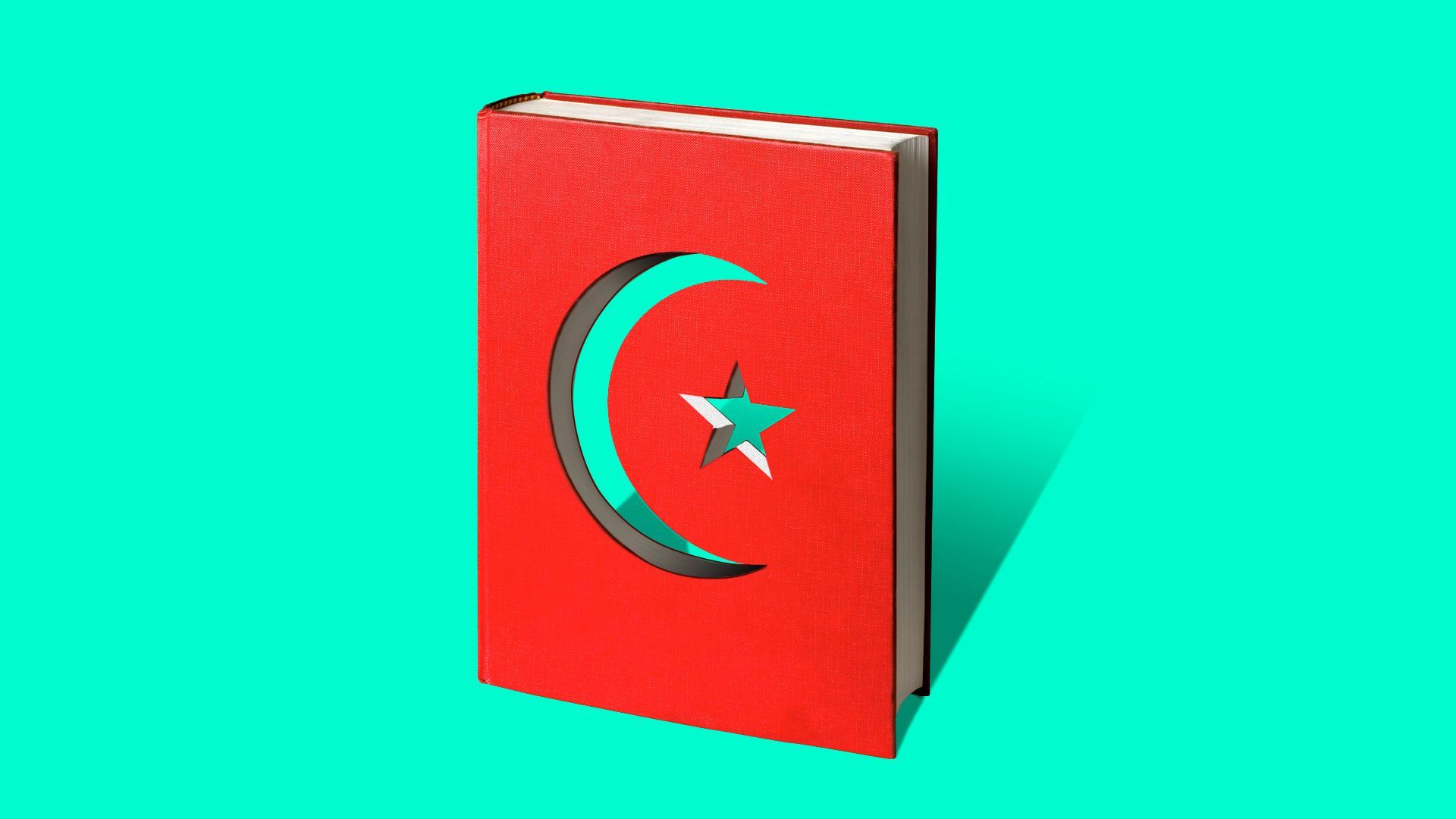 Illustration of a red book with the Islamic crescent and star cut out. 