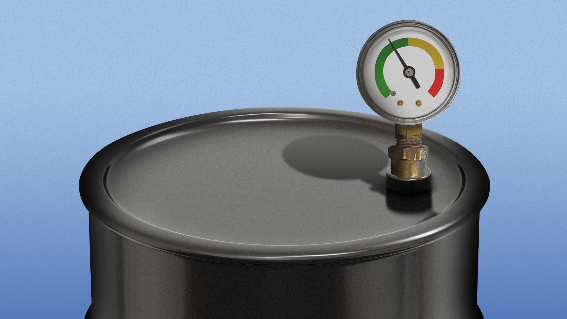 Illustration of a pressure gauge in an oil barrel reading a low pressure. 