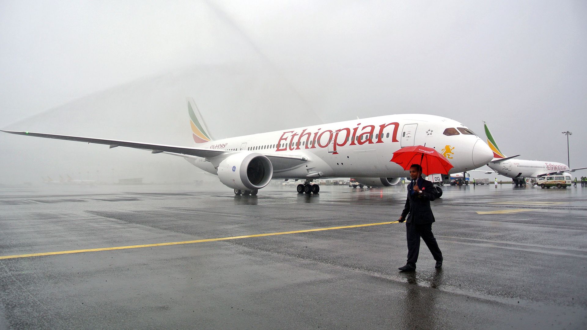 A Boeing 787 Dreamliner is hosed down on arrival in Addis Ababa on August 17, 2012.